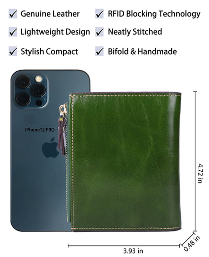 AINIMOER Women's RFID Blocking Leather Bi-fold Wallet, Waxed Green