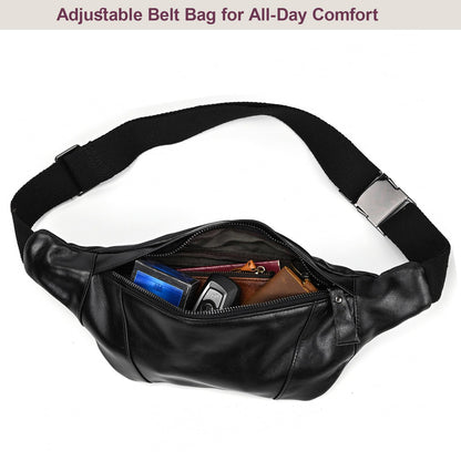 Yevabo Genuine Leather Waist Bag for Men Women, Fanny Pack with Multi-Pockets, Adjustable Strap for Travel, Hiking & Daily Use, Black