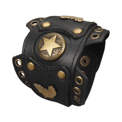 GelConnie Womens Black Leather Cuff Bracelet Wide Leather Biker Cuff Bracelet for Men Star Studded Punk Rock Wristband Gothic Bracelets