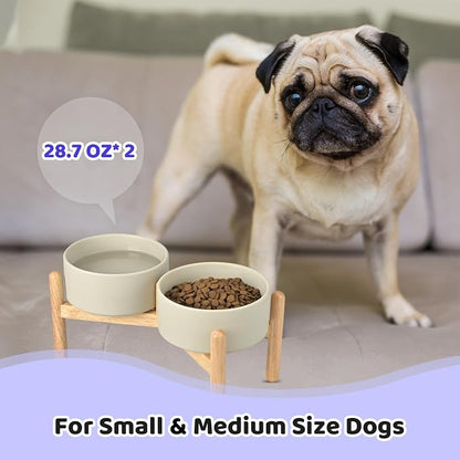 SPUNKYJUNKY Ceramics Raised Bowls with Wooden Stand - Elevated Dog Food and Water Bowl (Double 28.7OZ, Grey)