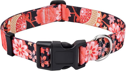 Mihqy Dog Collar with Bohemia Floral Tribal Geometric Patterns - Soft Ethnic Style Collar Adjustable for Small Medium Large Dogs(Red Flower A,M)