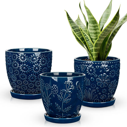 Hollyone Set of 3 Blue Ceramic Planter 6 Inch Flower Plant Pot with Drainage Hole and Saucer for Plants Embossed Indoor Outdoor Garden Embossed Ceramic Glazed Round Pot for Succulent Orchid