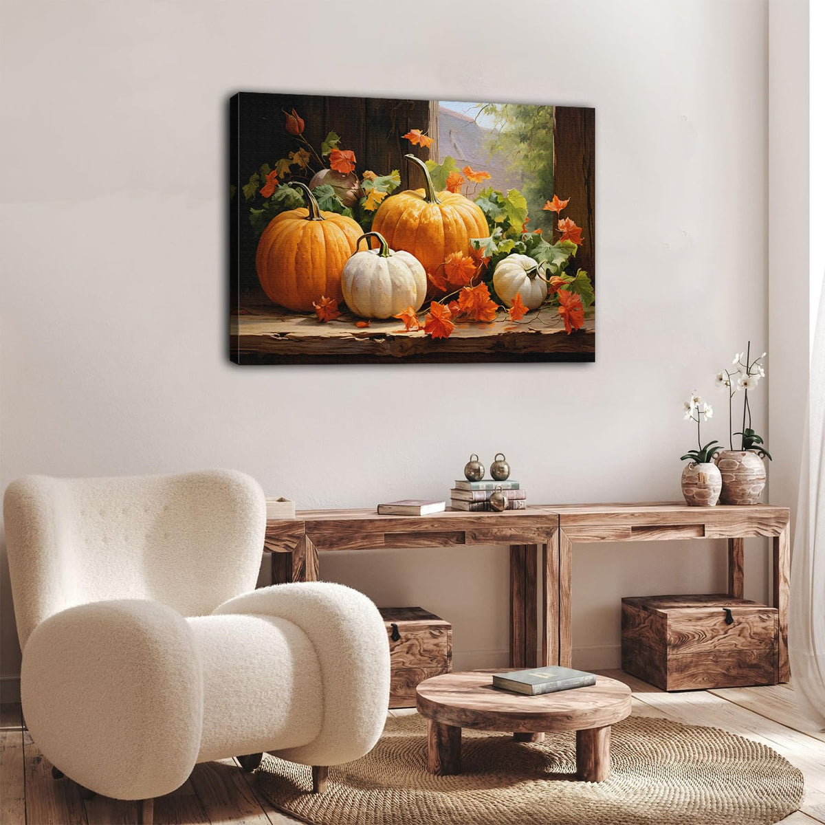Pumpkin Canvas Wall Art Fall Pictures Maple Leaf Autumn Thanksgiving Wall Decor Rustic Halloween Themed Wall Framed Prints Modern Artwork for Living Room Kitchen Bedroom Dinner Home Decorations 24x36”