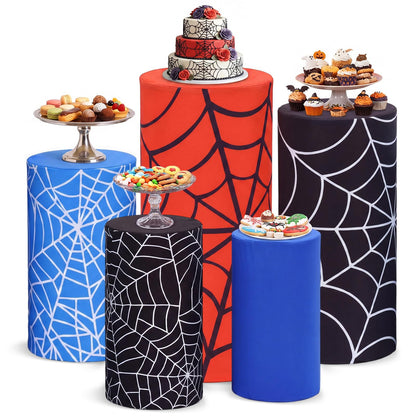 Moukeren 5 pcs Spiderweb Themed Cylinder Pedestal Stand Covers Spandex Plinth Red Blue Cylinder Stand Cover for Spider Web Theme Party Birthday Baby Shower Event Decor