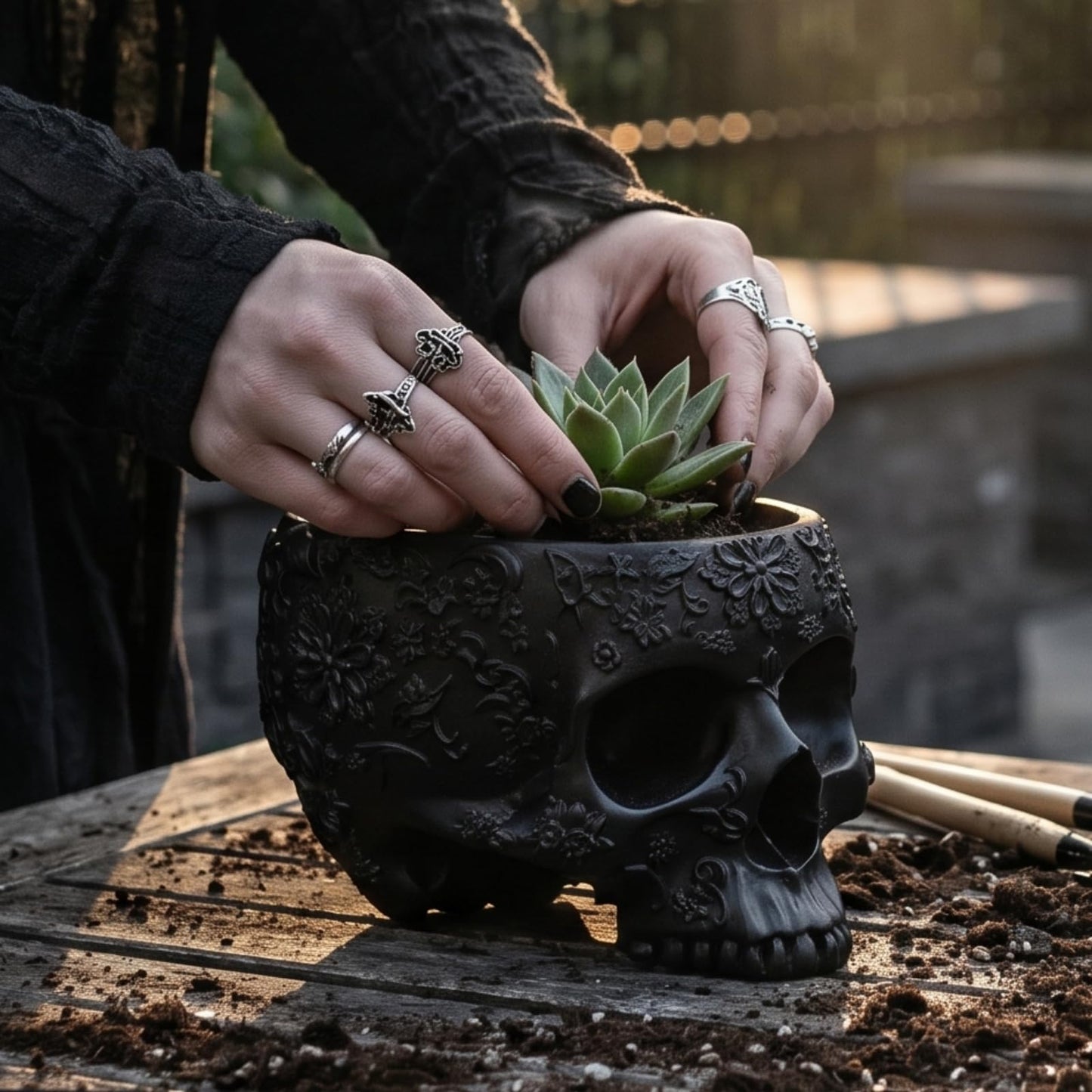 Black Skull Planter Pot 6 Inch Skeleton Head Pot for Succulents Flowers, & Bowl Dish Gothic Decor for Garden Home Parties Haunted House Spooky Black Display Halloween Skull Flower Pot Decoration Gift
