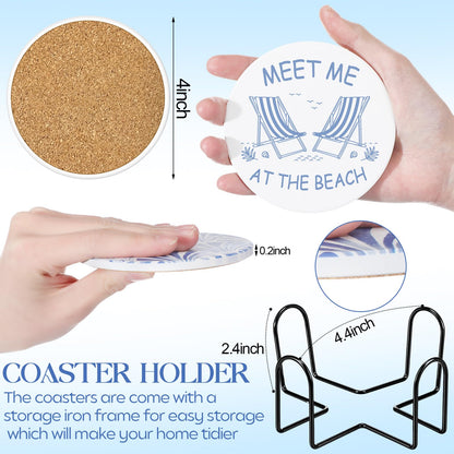 Rtteri Coastal Coasters for Drinks Set of 8 Blue Ocean Beach Starfish Shells Absorbent Ceramic Coaster with Cork Base and Metal Holder for Coastal Coffee Table Beach House Decoration Housewarming Gift
