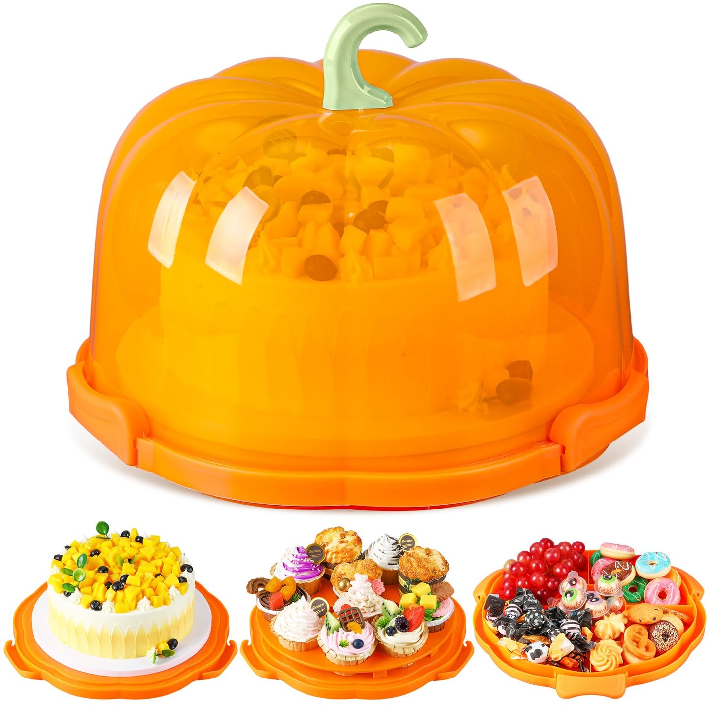 Zhehao 10 Inch Fall Cake Carrier Holds, Pumpkin Cake Stand with Lid and Handle, Halloween Autumn Harvest Plastic Transport Storage Container, Suitable for Transporting Pies, Cupcakes and More(Orange)
