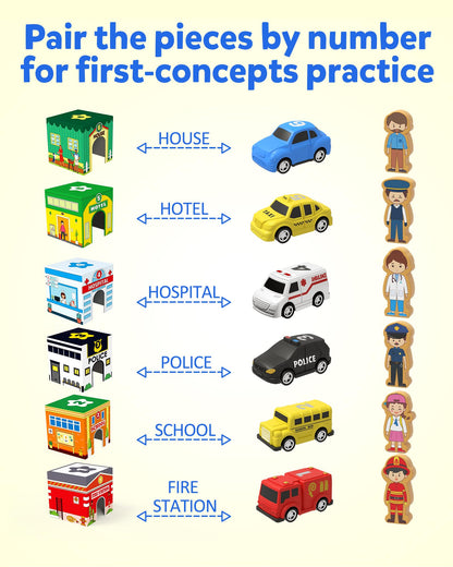 Coogam Montessori Sorting & Stacking Blocks with Nesting Garages Cars, Stackable Number Boxes for Toddlers Learning Community Helpers, Preschool Educational Toy Gift for 2 3 4 Year Old Baby