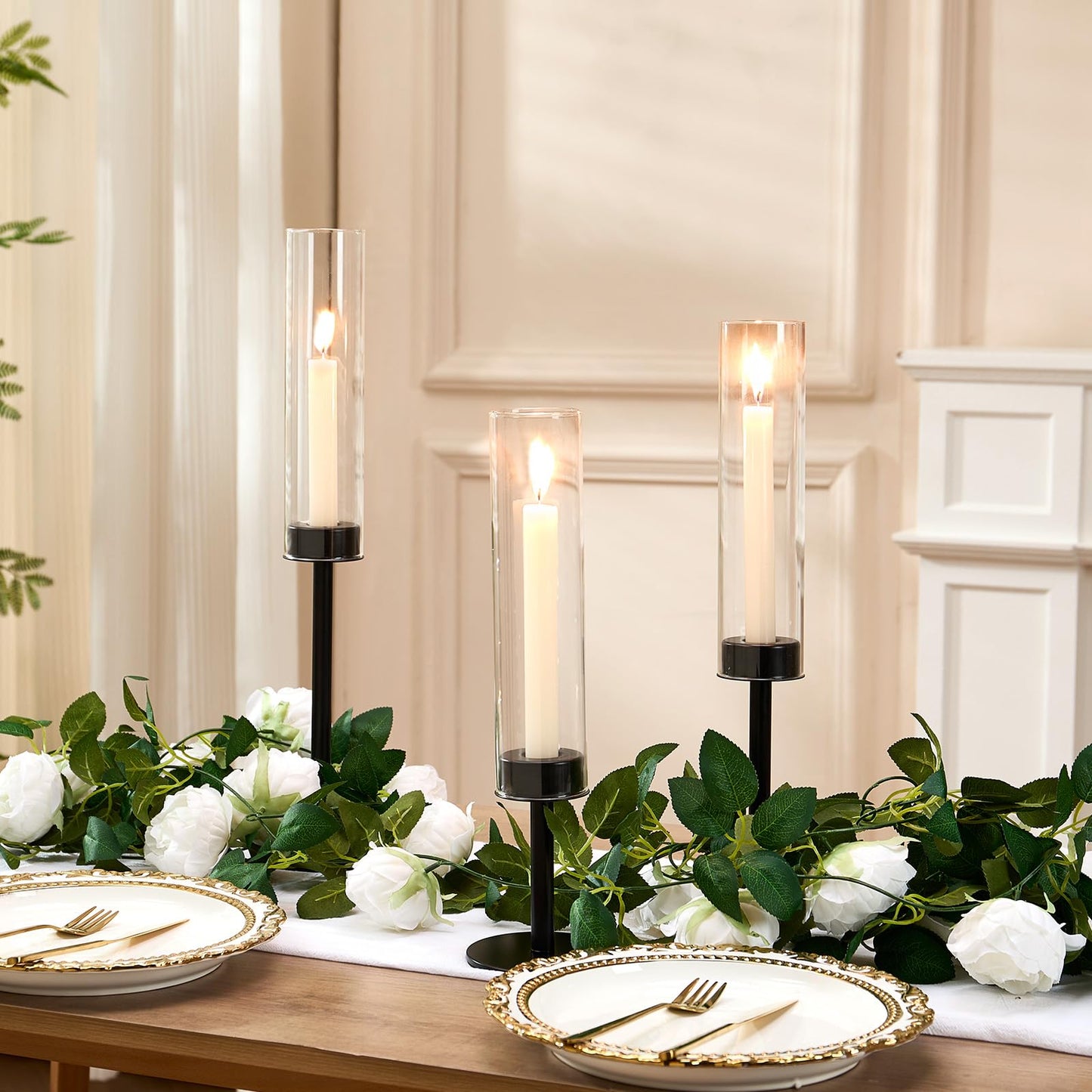 Black Hurricane Glass Candle Holders Set of 3, Tall Metal Taper Candle Stick Holder, Clear Candlestick Holders, Table Centerpieces Decor for Dining Dinner, Weddings, Christmas Fireplace Decorations