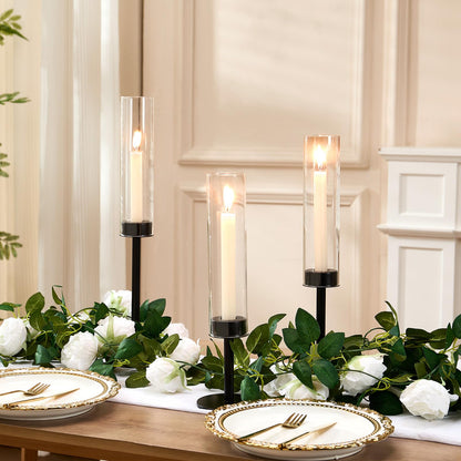 Black Hurricane Glass Candle Holders Set of 3, Tall Metal Taper Candle Stick Holder, Clear Candlestick Holders, Table Centerpieces Decor for Dining Dinner, Weddings, Christmas Fireplace Decorations