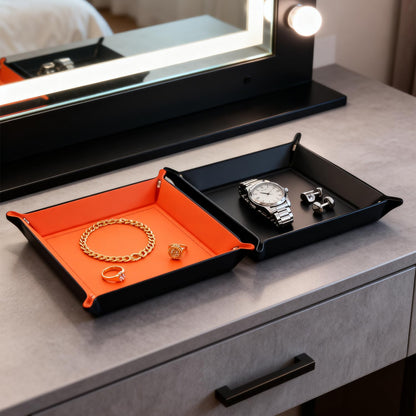 siduater Valet Tray Desktop Storage Organizer – Vegan Leather Catchall Bedside Vanity Tray Nightstand Caddy Holder for Remote Controller, Watch, Keys, Phone, Wallet, Coin, Jewelry (Orange/Black)