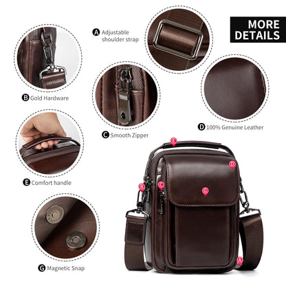 Augus Leather Small Messenger Bag For Men Crossbody Handbag Shoulder Sling Travel Bags for Men Purse Daypack Magnetic Buckle (Coffee)
