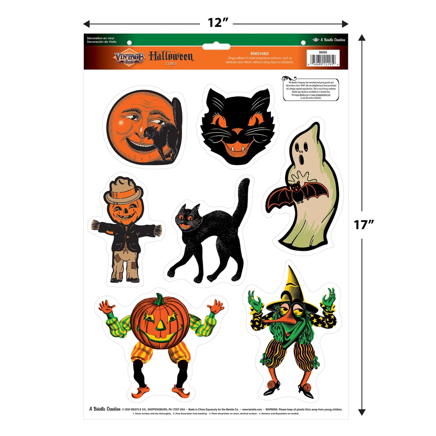 Beistle Vintage Halloween Window Clings, 28 Classic Icons on 4 Sheets, 12” x 17” Sheet, Cat Face, Moon, Ghost, Pumpkin Head Scarecrow, Scratch Cat, Goblin & Witch Characters