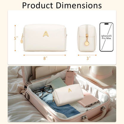 KKXIU Initial Makeup Bag for Women - Personalized Birthday Gifts Cosmetic Travel Toiletry Bag with Waterproof Soft PU Leather Customized Gifts for Friend Teacher Bridemaid (A, Beige)
