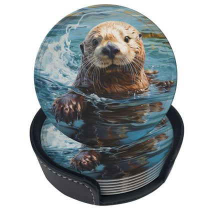 Famame 6 Pcs Cute Sea Otter Leather Coasters for Drinks with Holder Coaster Sets Drink Table Cup Coasters for Living Room Kitchen Coffee Decor