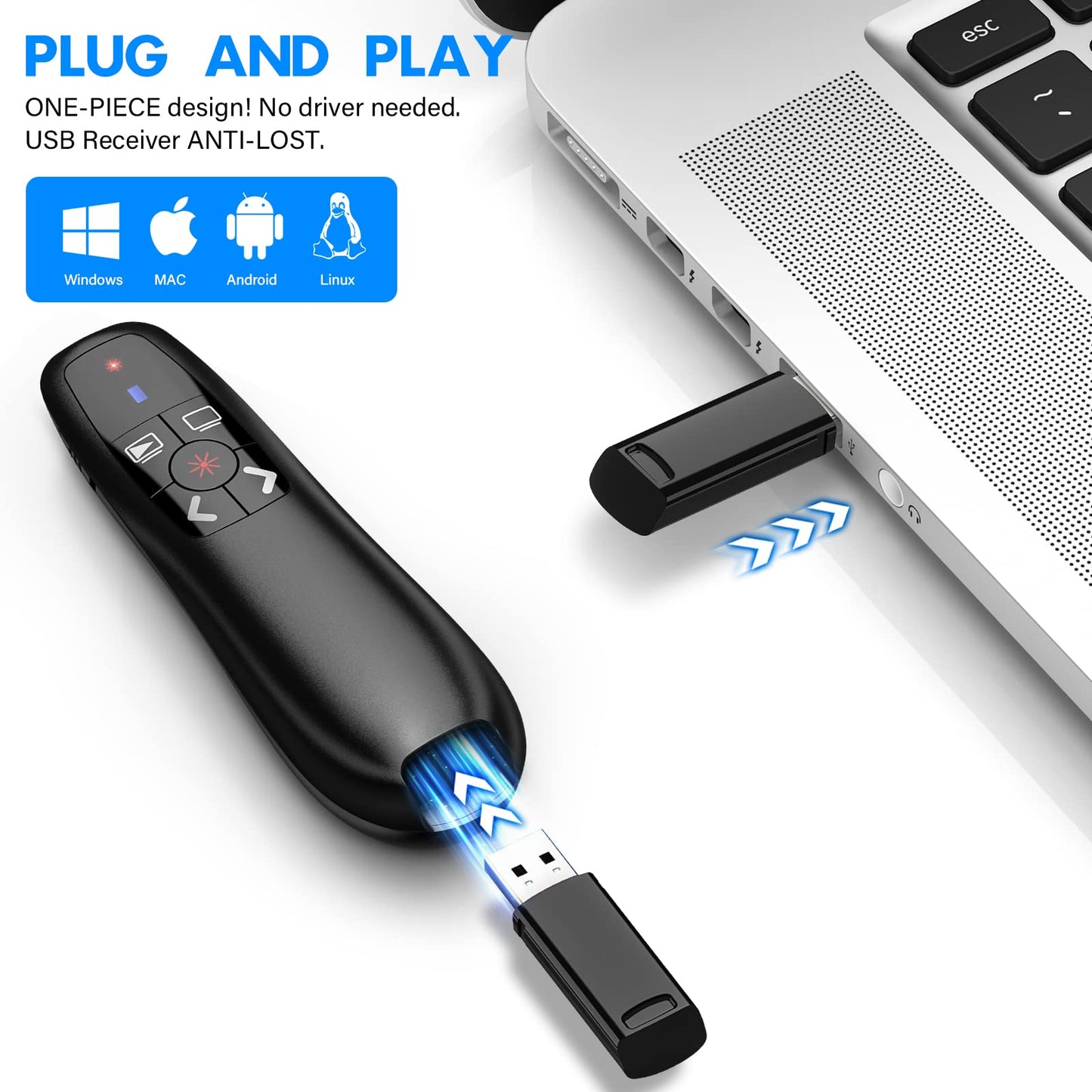 NinjaABXY Presentation Clicker Wireless Presenter Remote Clicker for PowerPoint Presentation, RF 2.4GHz USB PowerPoint Clicker Slide Advancer with Volume Control for Computer/Laptop/Mac