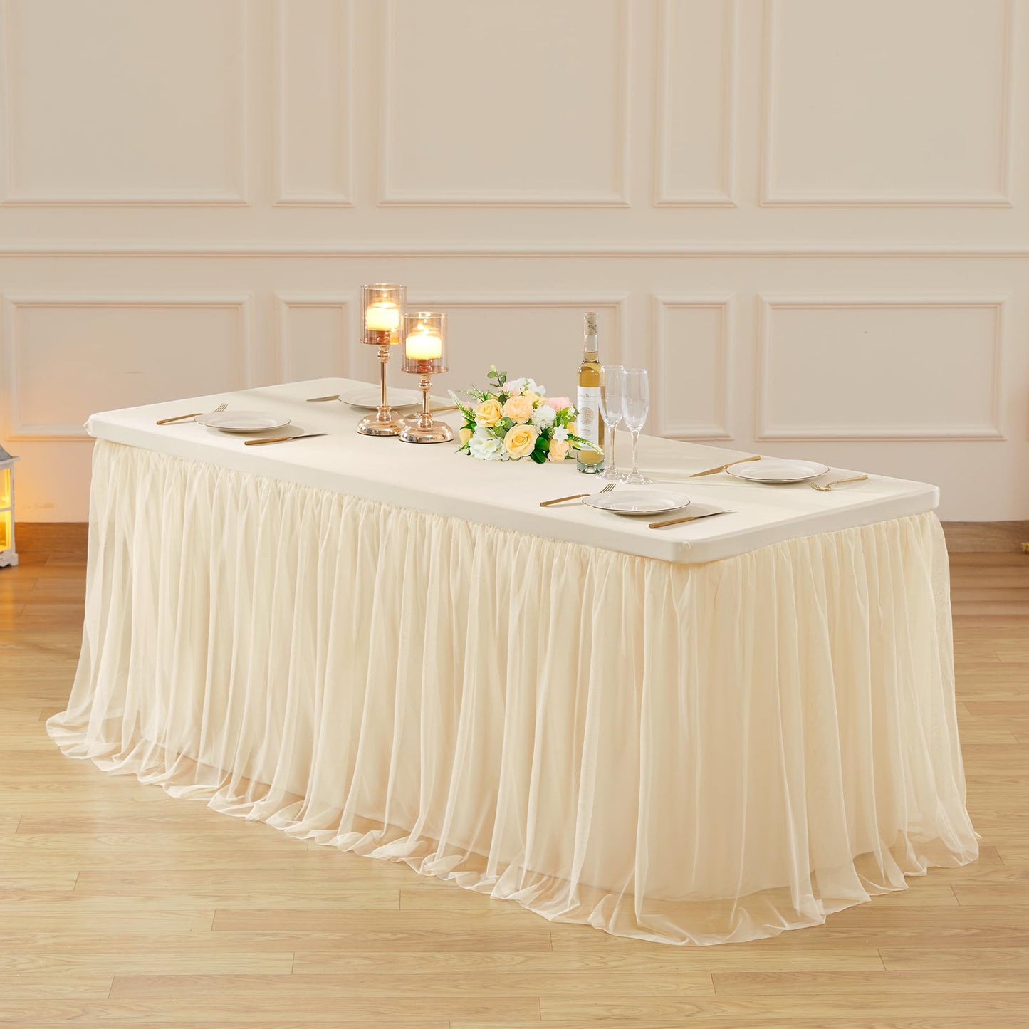 6ft Champagne Tulle Tablecloths for Rectangle Tables Stretch Rectangular Table Cloths Wrinkle Free 6 Foot Spandex Table Cover with Tutu Skirt for Wedding Birthday Party Banquet Buffet Cake Desk Skirt