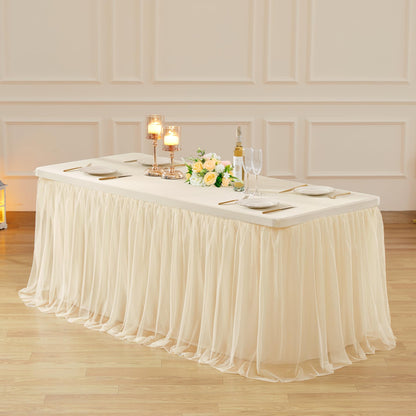 6ft Champagne Tulle Tablecloths for Rectangle Tables Stretch Rectangular Table Cloths Wrinkle Free 6 Foot Spandex Table Cover with Tutu Skirt for Wedding Birthday Party Banquet Buffet Cake Desk Skirt