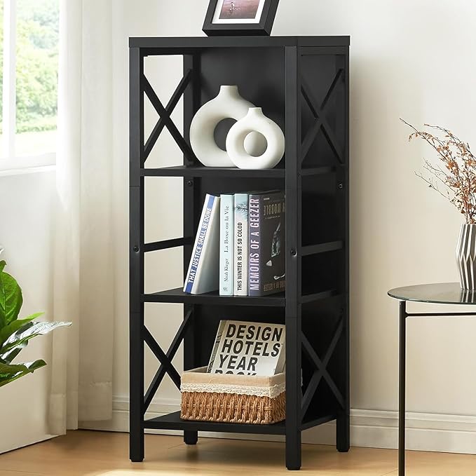MNEETRUNG Small Bookshelf,4 Tier Industrial Bookcase with Metal Frame and Backboard,Narrow Black Book Shelf,Office Book case for Small Spaces,Living Room,Bedroom and Home Office
