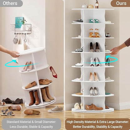 5-Tier Rotating Standing Shelf Unit with Dividers, 360° Storage Display Tower Vertical Floor Organizer, for Bedroom, Closet, Entryway & Office, Ideal for Shoes, Cosmetics & Handbags, White