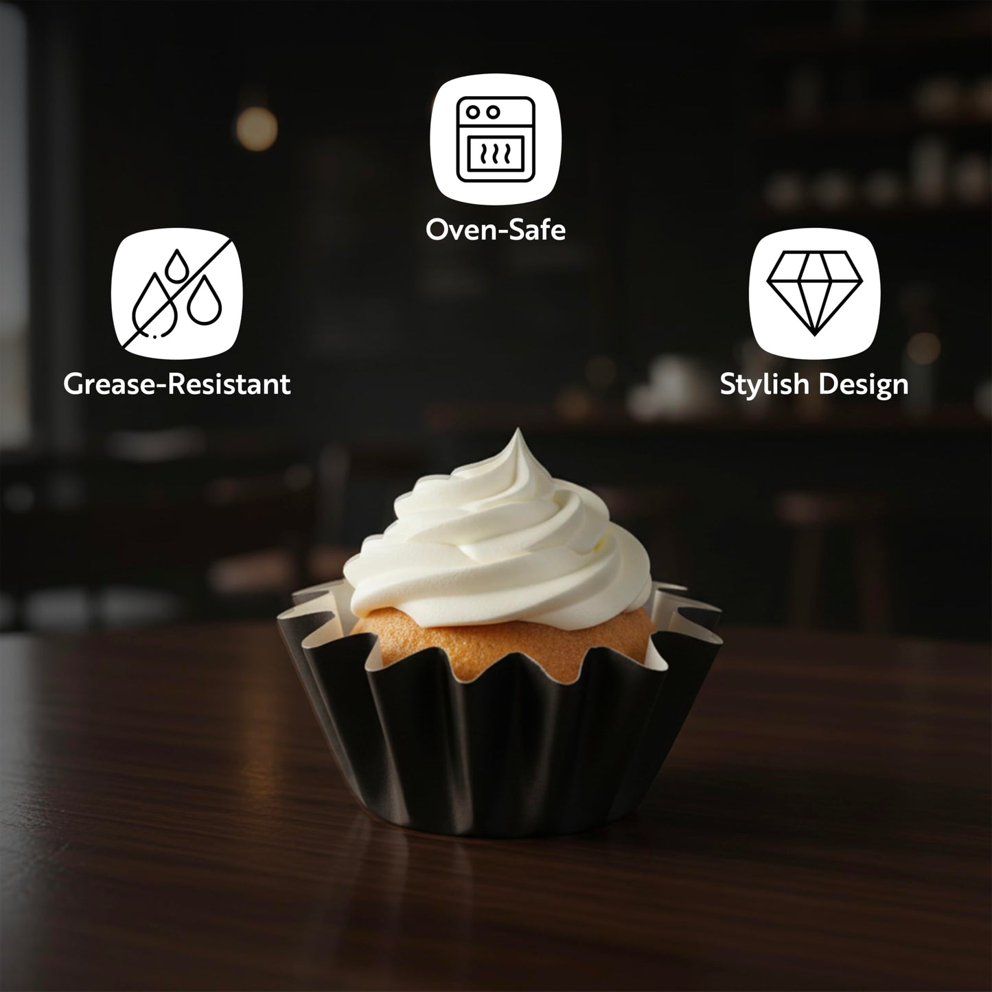 Restaurantware Paper Baking Cups 200 Count 0.4 Ounce Paper Greaseproof Muffin Liners, 2 Inches Disposable Baking Cups Flared Design Black for Oven and Freezer Use