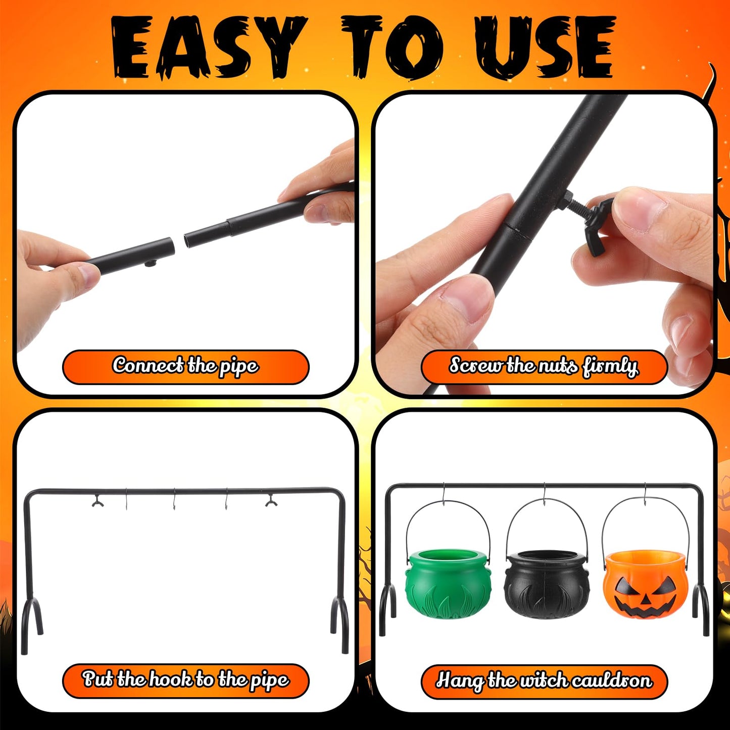 Capoda 12 Pcs Halloween Cauldrons Serving Bowl Decor Set Include 3 Plastic Witch Cauldrons Rack and 6 Mini Halloween Candy Bucket Punch Bowls and 3 Skeletons for Home Decor Witch Party Supplies