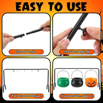 Capoda 12 Pcs Halloween Cauldrons Serving Bowl Decor Set Include 3 Plastic Witch Cauldrons Rack and 6 Mini Halloween Candy Bucket Punch Bowls and 3 Skeletons for Home Decor Witch Party Supplies