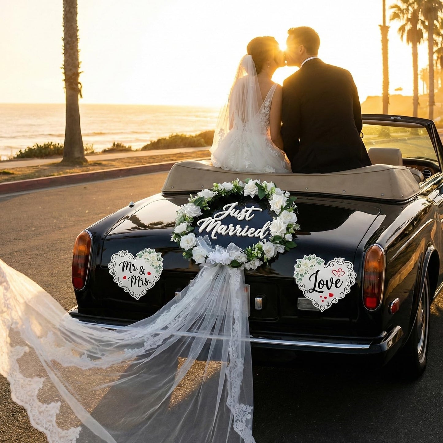 Just Married Car Decorations Set – White Floral Wreath with Long Tulle, Static-Cling Window Decal, Magnetic “Mr & Mrs” & “Love” Heart Signs – Elegant Wedding Getaway Car Decor Kit