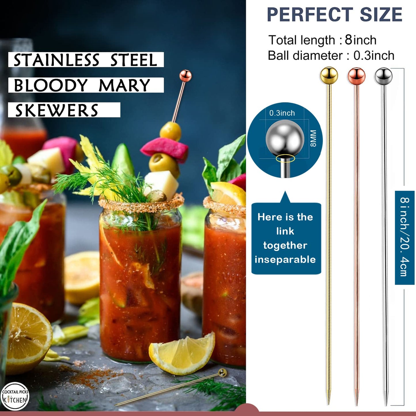 12PCS Bloody Mary Skewers Gift Set, 8 Inch Stainless Steel Cocktail Picks Metal Bloody Mary Accessories, Reusable Cocktail Skewers Bar Toothpicks for Drinks,4 silver 4 gold 4 rose gold