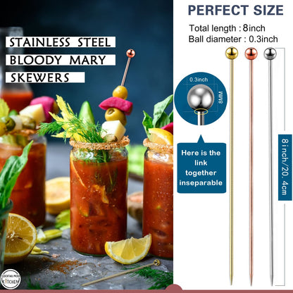 12PCS Bloody Mary Skewers Gift Set, 8 Inch Stainless Steel Cocktail Picks Metal Bloody Mary Accessories, Reusable Cocktail Skewers Bar Toothpicks for Drinks,4 silver 4 gold 4 rose gold
