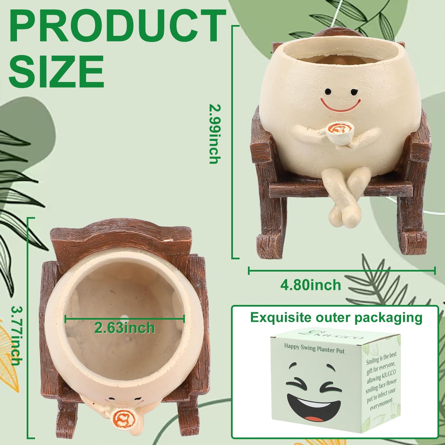 KIUGCO Smily Face Planter Pots for Indoor Plants, Cute Resin Flower Head Planters, Rocking Chair Succulent Flower Pots with Drainage Hole, Gift IdeaI for Birthday