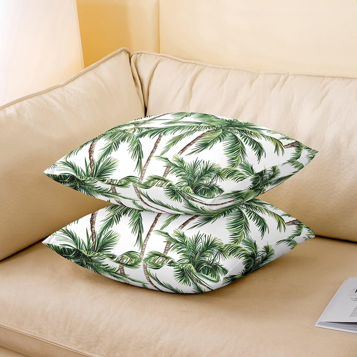 Pack of 2 Palm Tree Print Decorative Throw Pillow Covers, Soft Botanical Palm Leaf Square Cushion Case Set for Couch Sofa Bedroom Living Room, Hawaiian Tropical Pillow Cases Pillowcases, 24x24 Inches
