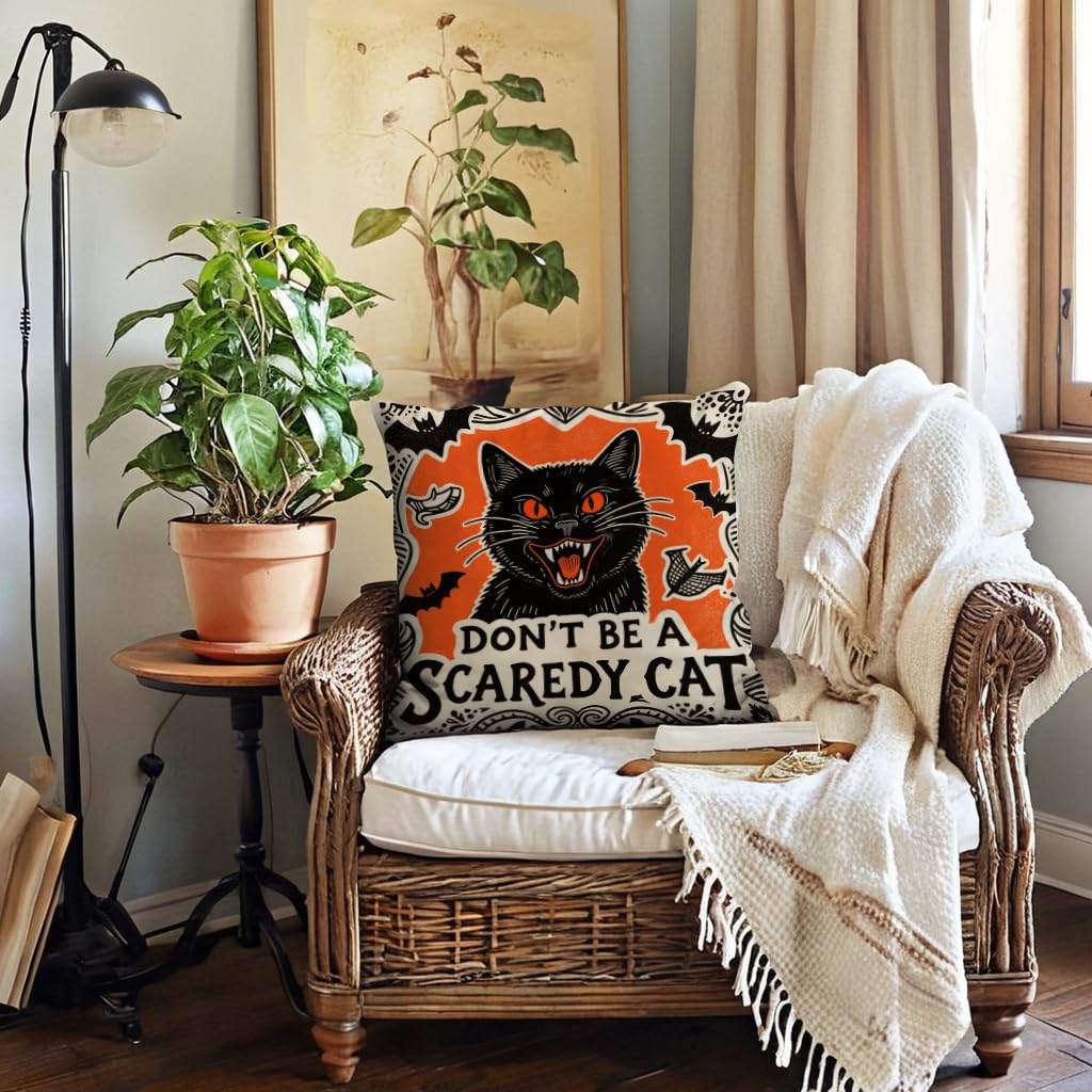 Halloween Decor Throw Pillow Covers 18x18 inch Black Orange Ghost Cat Skeleton Pumpkin Cushion Cases 4 Pack Fall Happy Halloween Seasonal Autumn Home Decor Pillowcases for Sofa Couch Patio(Orange)