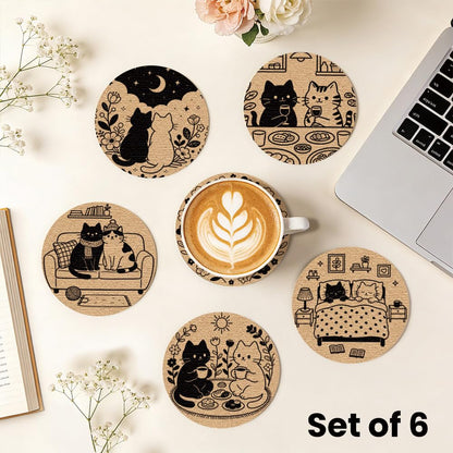 ANATTASOUL Coasters Set of 6 Funny Cats Absorbent Recycled Rubber Coasters for Drinks, 3.93" Non-Slip Round Cup Mats for Kitchen, Office, Farmhouse, Home Decor Housewarming Gifts