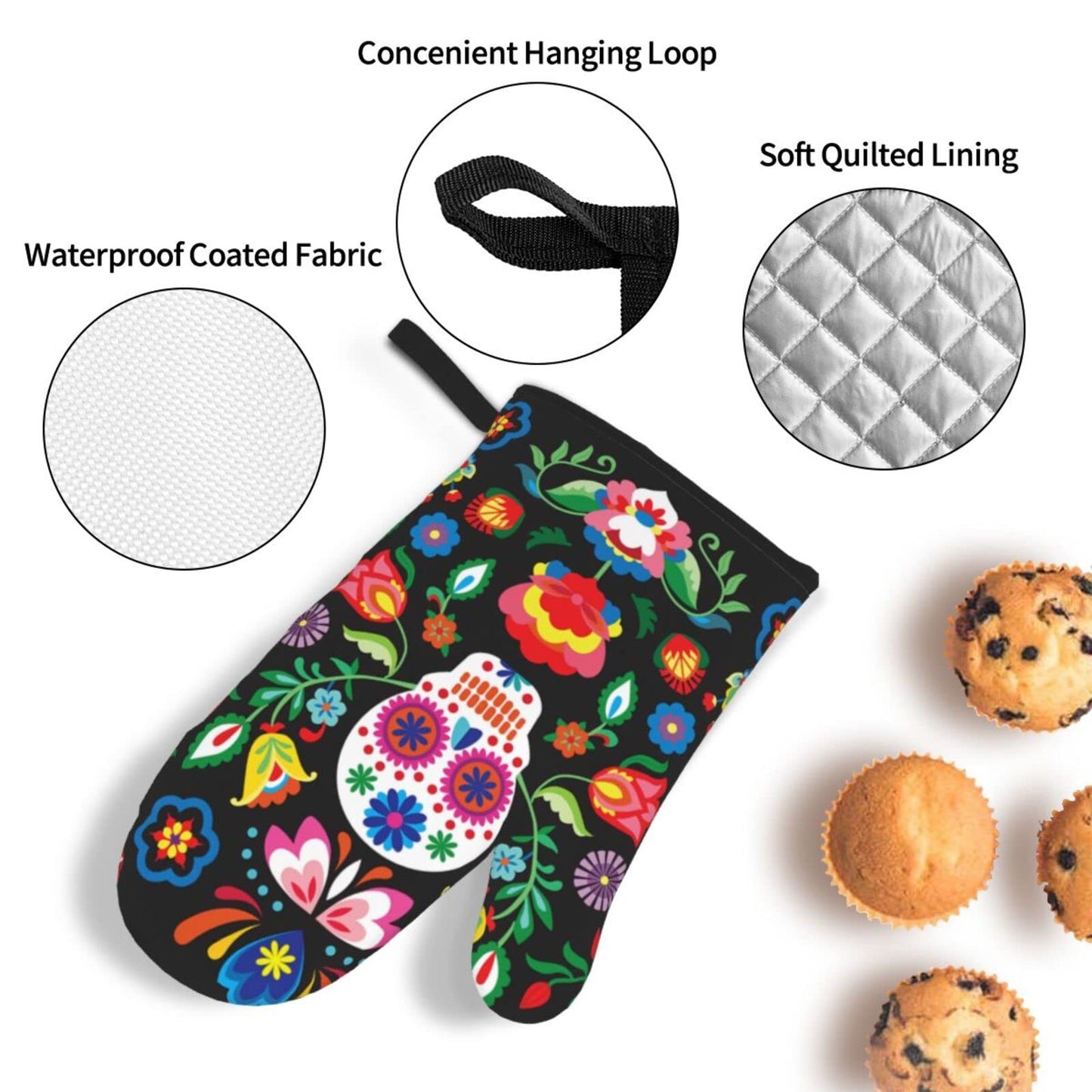 Mexican Skull Skeleton Floral Oven Mitts and Pot Holders Set of 4, Oven Mittens and Potholders Heat Resistant Gloves for Kitchen Cooking Baking Grilling BBQ