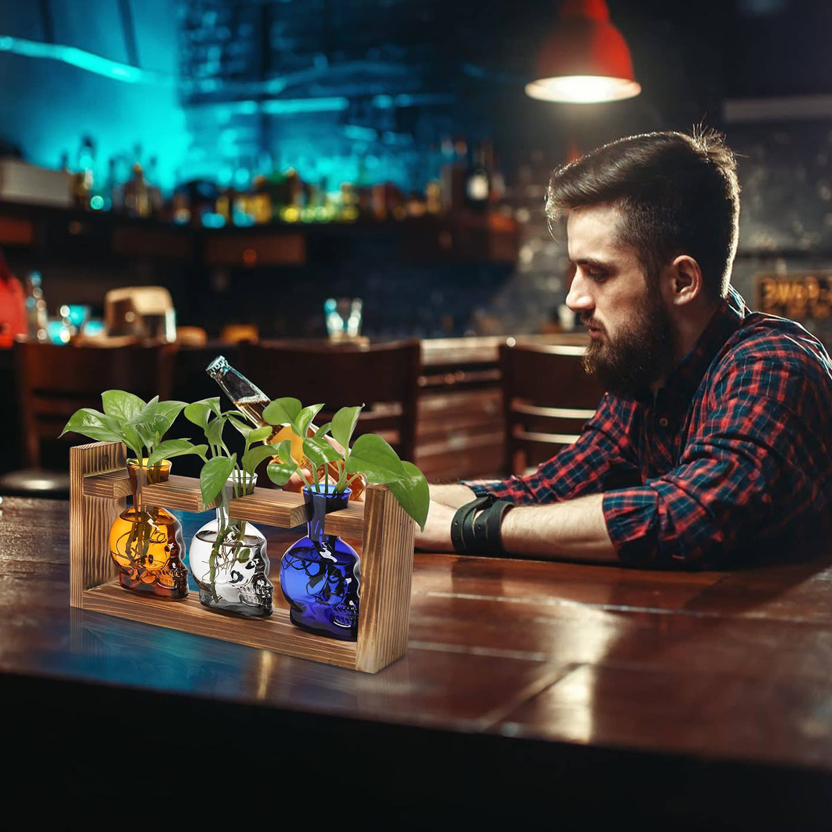 Plant Terrarium Propagation Stations Hydroponics Halloween Skull Planter Vase Skulls Decor with Wooden Stand Gift for Father