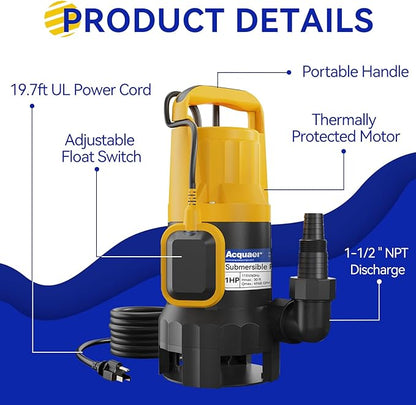 Acquaer 1HP Sump Pump 4948GPH Submersible Drain Pump with Automatic Float Switch, Remove Clean/Dirty Water for Basement, Hot Tub, Pools, Garden Pond
