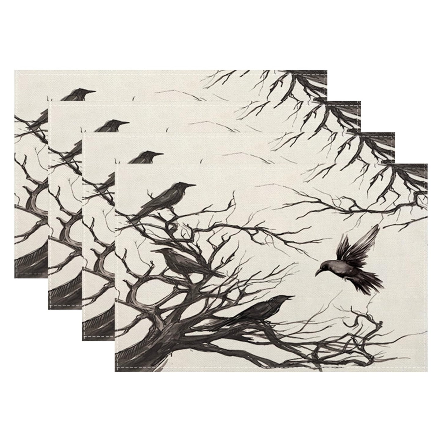 Halloween Placemats 12x18 Inches Set of 4,Black Crows Decorative Rectangle Autumn Halloween Decoration Fall Linen Black Table Mats for Party,Home Kitchen,Dining Table Decorn