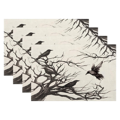 Halloween Placemats 12x18 Inches Set of 4,Black Crows Decorative Rectangle Autumn Halloween Decoration Fall Linen Black Table Mats for Party,Home Kitchen,Dining Table Decorn