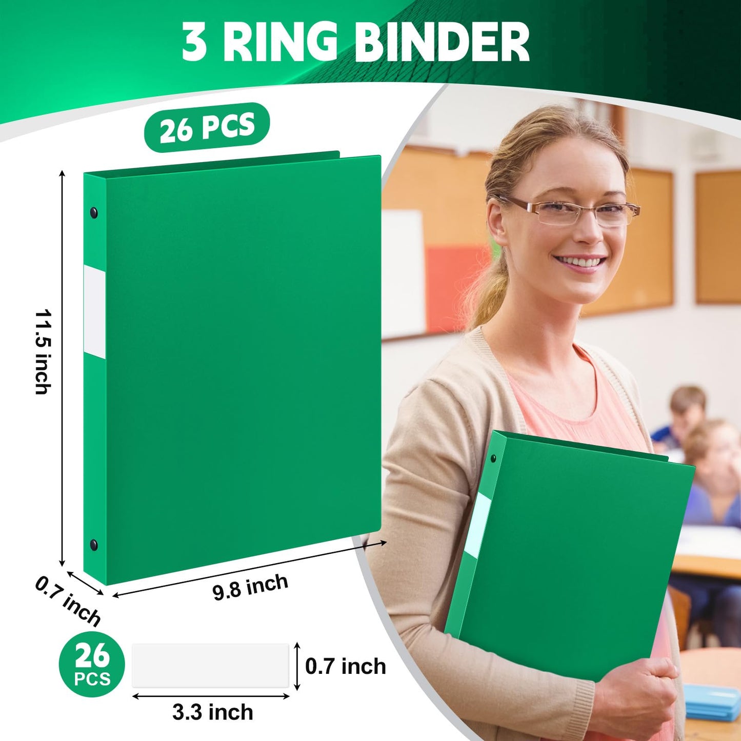 Henoyso 26 Pack 0.5 Inch Plastic 3 Ring Binder Round Ring, Bulk 1/2 Inch Flexible Binders Hold 140 Sheets Letter Size with Pocket, Document Organizer for Back to School Classroom Office (Green)