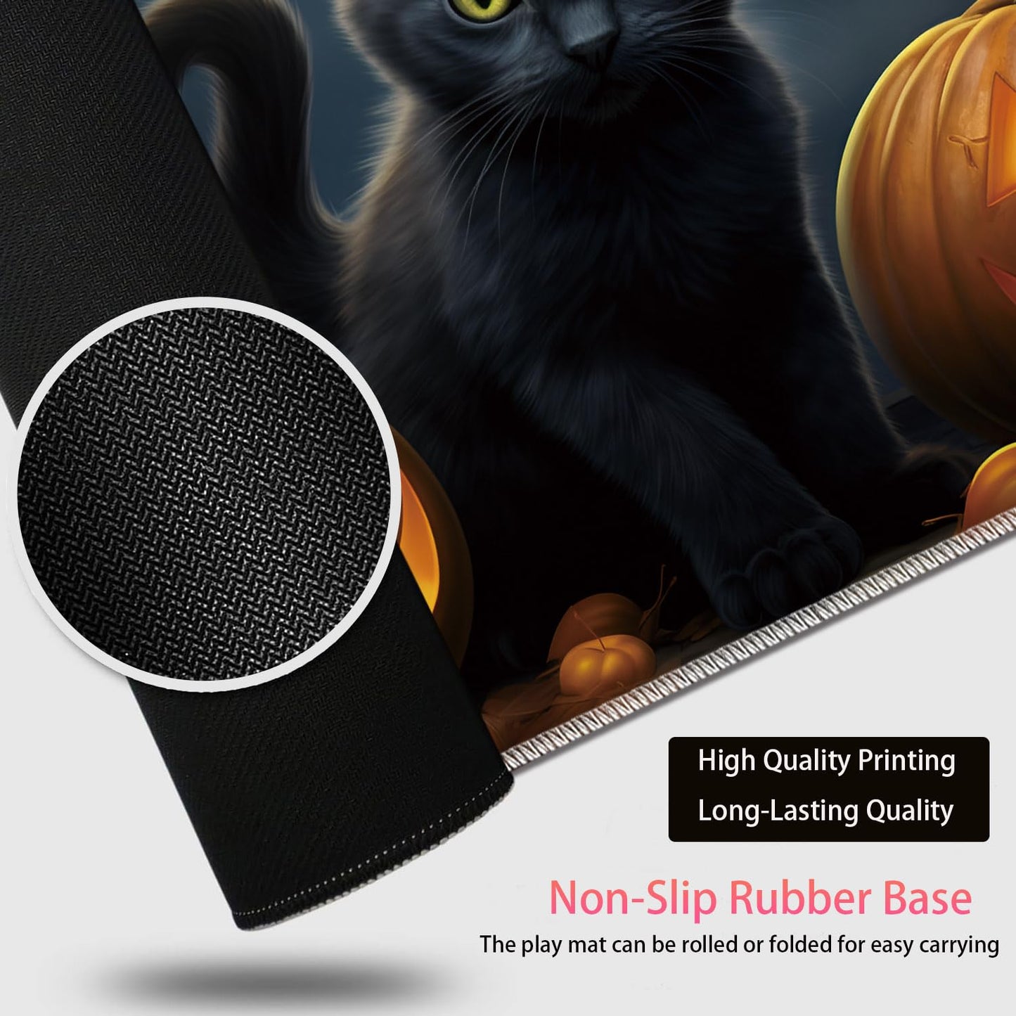 Large Gaming Mouse Pad + Mouse Wrist Rest Pad + Coaster Combination, 31.5 "x 11.8" Durable Non-Slip Extension Table Mat, Suitable for Office and Home, Halloween Black Cat