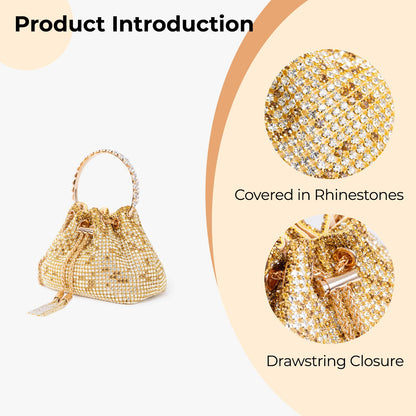 frrbuu Gold Rhinestone Bucket Bag with Drawstring Closure, Crystal Embellished Evening Purse with Chain Strap