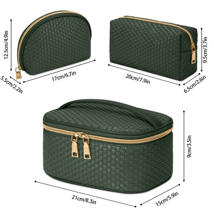 KTMOUW Makeup Bag 3 Pcs Waterproof Cosmetic Bag Set Portable Travel Cosmetic Bag Multifunction Organizer Storage Bag Weave Toiletry Bag for Women, Deep Green