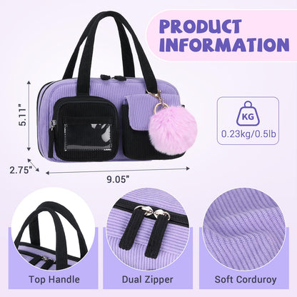 QIXIHU Pencil Case for Kids Girls Makeup Bag Women Cute Corduroy Pencil Bag with 5 Compartments Pencil Pouch Organizer Aesthetic School Supplies, Black Purple