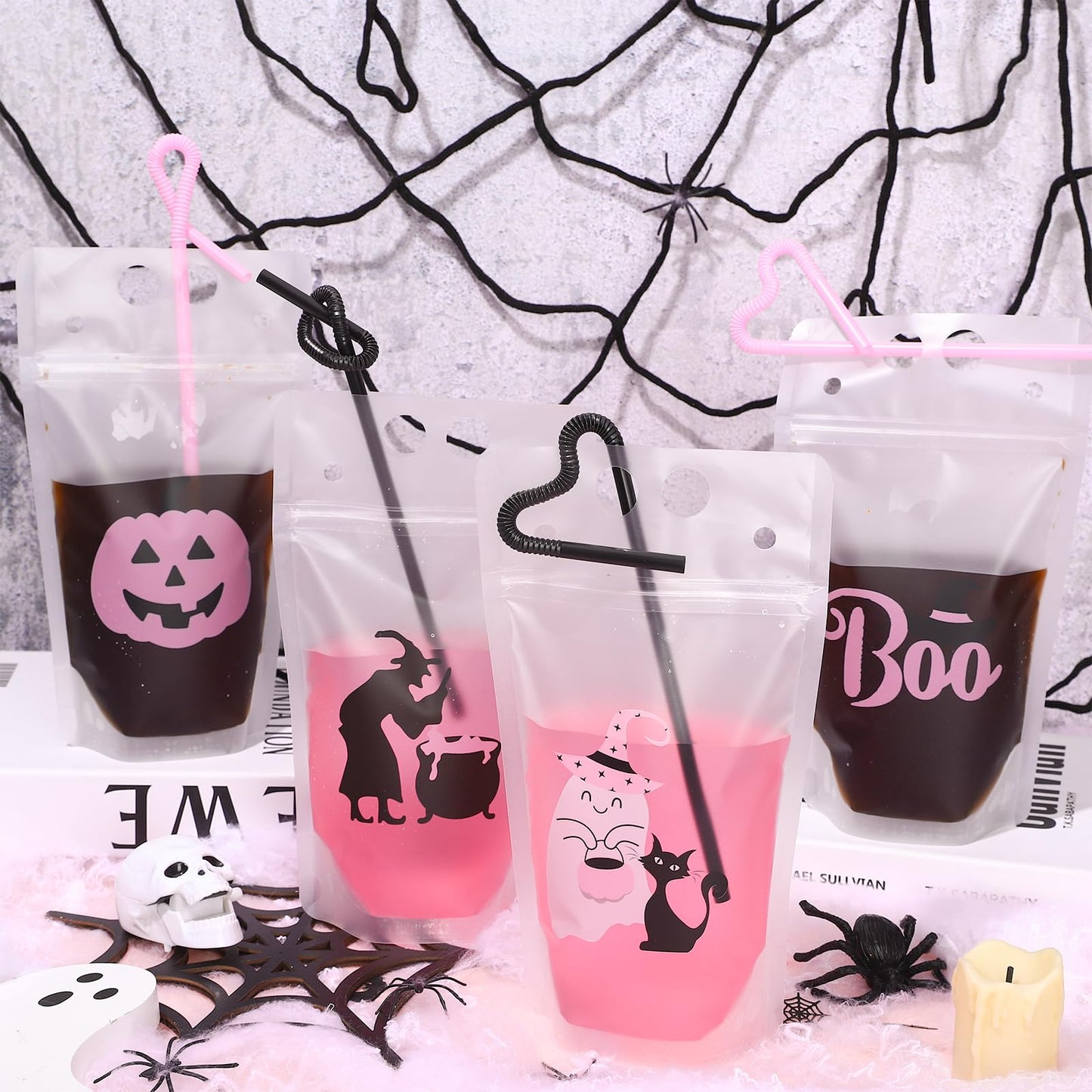 JarThenaAMCS 36 Set Halloween Drink Pouches Pink Black Cute Clear Plastic Juice Pouches 4 Designs Drink Bags Handheld with Straws for Halloween Birthday Baby Shower Party Adults Alcohol