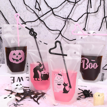 JarThenaAMCS 36 Set Halloween Drink Pouches Pink Black Cute Clear Plastic Juice Pouches 4 Designs Drink Bags Handheld with Straws for Halloween Birthday Baby Shower Party Adults Alcohol