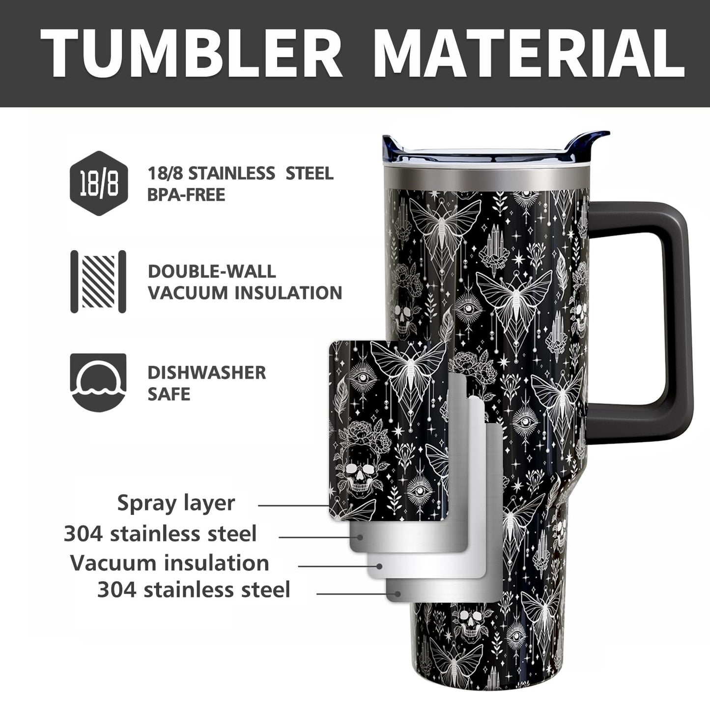 Aokoyi Goth Skull 40oz Tumbler Cup with Handle and Straw, Black Witch Gifts for Women Men, Gothic Holiday Stainless Steel Insulated Water Bottle 1PC