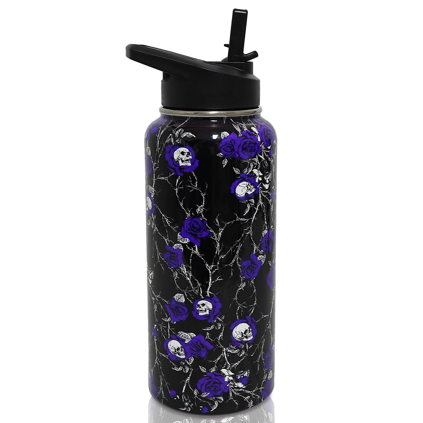 ZNYYZYBA Insulated Halloween Water Bottle 32 oz, Flower Skull Water Bottle with Straw, Reusable Leakproof Tumbler Stainless Steel, Halloween Gifts for Women