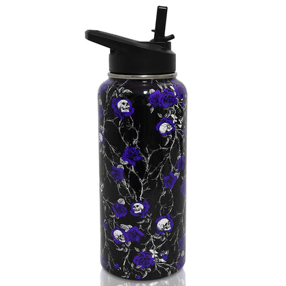 ZNYYZYBA Insulated Halloween Water Bottle 32 oz, Flower Skull Water Bottle with Straw, Reusable Leakproof Tumbler Stainless Steel, Halloween Gifts for Women