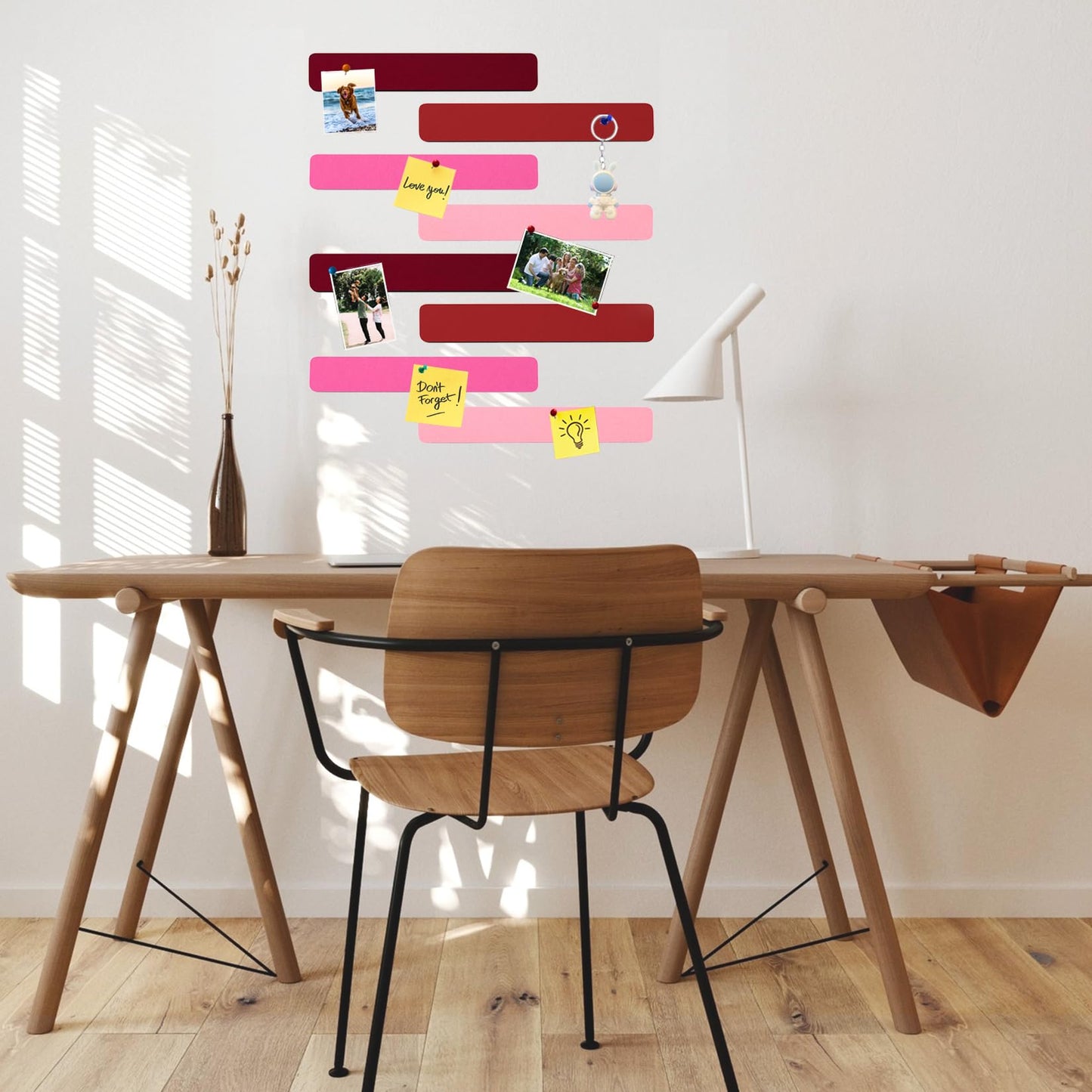 HULAVO 8Pcs Rectangle Felt Cork Board Bar Strips with 35 Pushpins, Self-Adhesive Bulletin Board Strips for Office School Home Wall Decor Stickers Memos Schedules Photos Display -Gradual Red